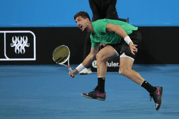 3rd January 2018, Perth Arena, Perth, Australia; MasterCard Hopman Cup Tennis; Thanasi Kokkinakis of Team Australia hits the ball out during his loss to David Goffin of Team Belgium  ActionPlus11967859