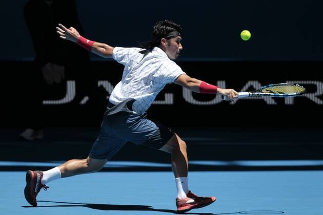 4th January 2018, Perth Arena, Perth, Australia; MasterCard Hopman Cup Tennis; Yuchi Sugita of Team Japan stretches for a backhand shot against Karen Khachanov of Team Russia Khachanov won in straight sets2-0  ActionPlus11967934