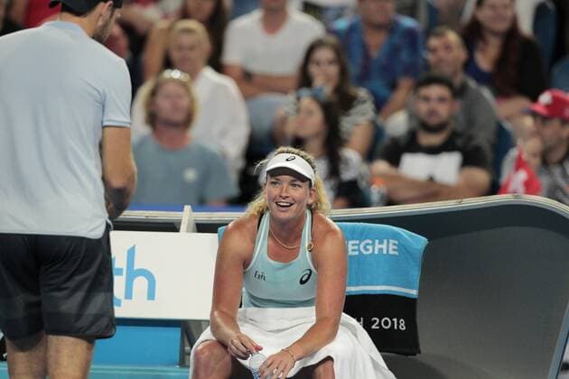 4th January 2018, Perth Arena, Perth, Australia; MasterCard Hopman Cup Tennis; CoCo Vandeweghe of Team USA talks with Jack Sock during a break in the mixed doubles against Switzerland  ActionPlus11968023