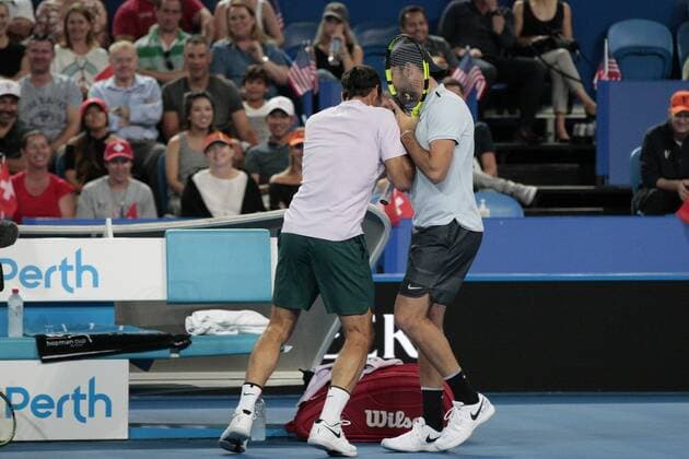 4th January 2018, Perth Arena, Perth, Australia; MasterCard Hopman Cup Tennis; Jack Sock and Rpger Federer play-act between games  ActionPlus11968028