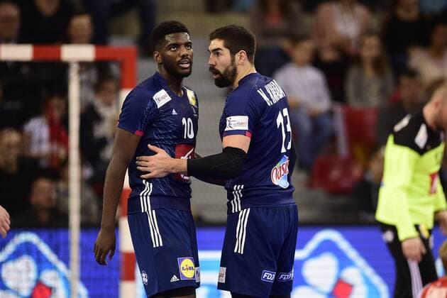 Dika Nem (France) Nikola Karabatic (France) HANDBALL : France vs Norvege - Golden League - Rouen - 04 01 2018 JBAutissier Panoramic 