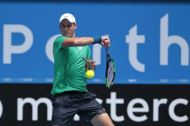 5th January 2018, Perth Arena, Perth, Australia; MasterCard Hopman Cup Tennis; Vasek Pospisil of Team Canada plays a forehand shot against David Goffin of Team Belgium on day 7 of the Hopman Cup  ActionPlus11968234