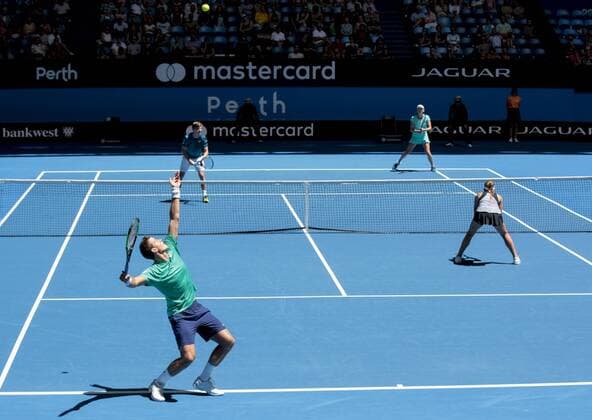 5th January 2018, Perth Arena, Perth, Australia; MasterCard Hopman Cup Tennis; Vasek Pospisil of Team Canada serves to David Goffin of Team Belgium during the mixed doubles  ActionPlus11968254