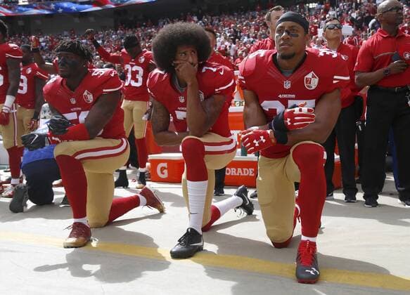 October 2, 2016 - Santa Clara, CA, USA - From left, The San Francisco 49ers Eli Harold (58), Colin Kaepernick (7) and Eric Reid (35) kneel during the national anthem before their a game against the Dallas Cowboys on October 2, 2016, at Levi s Stadium in Santa Clara, Calif. Commentary: Takeaways from the NFL American Football Herren USA ¢â‚¬â ¢s kneeling era - ZUMAm67_ 20161002_zaf_m67_177 Copyright: xNhatxV.xMeyerx