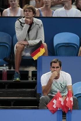 6th January 2018, Perth Arena, Perth, Australia; MasterCard Hopman Cup Tennis Final; Roger Federer of Team Switzerland and Alexander Zverev of Team Germany watch the womens Final between Angelique Kerber of Team Germany and Belinda Bencic of Team Switzerland Kerber won 2 sets to 0  ActionPlus11968583