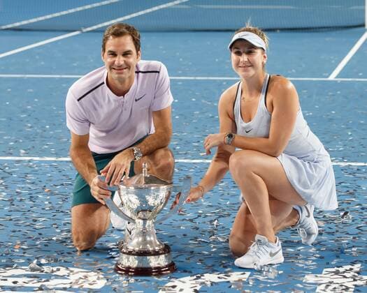 Sieger BELINDA BENCIC ROGER FEDERER mit dem Pokal, Mixed Doubles Siegerehrung Tennis - Hopman Cup 2018 - ITF - Perth Arena - Perth - Western Australia - Australia - 6 January 2018. Â Copyright: xJuergenxHasenkopfx