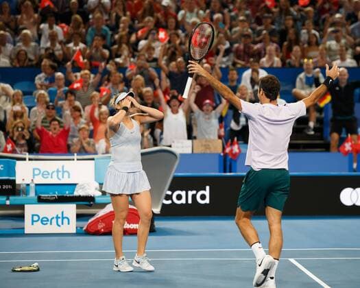 BELINDA BENCIC ROGER FEDERER, Team Switzerland, Mixed Doubles Final Tennis - Hopman Cup 2018 - ITF - Perth Arena - Perth - Western Australia - Australia - 6 January 2018. Â Copyright: xJuergenxHasenkopfx