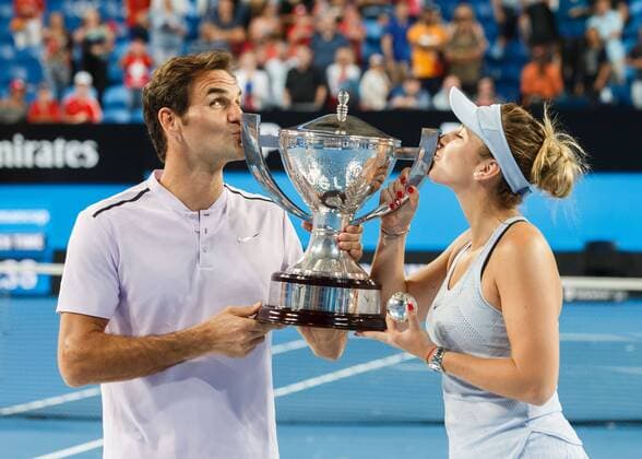 Sieger BELINDA BENCIC ROGER FEDERER mit dem Pokal, Mixed Doubles Siegerehrung Tennis - Hopman Cup 2018 - ITF - Perth Arena - Perth - Western Australia - Australia - 6 January 2018. Â Copyright: xJuergenxHasenkopfx
