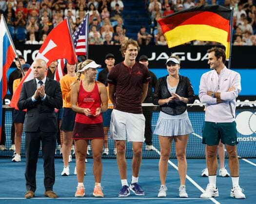 L-R.Tournament director Paul Kilderry,Finalisten ANGELIQUE KERBER ALEXANDER ZVEREV und Sieger BELINDA BENCIC ROGER FEDERER Mixed Doubles Siegerehrung Tennis - Hopman Cup 2018 - ITF - Perth Arena - Perth - Western Australia - Australia - 6 January 2018. Â Copyright: xJuergenxHasenkopfx