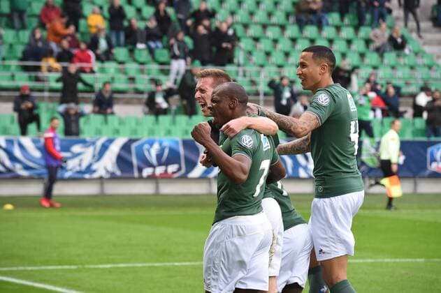Joie de Robert Beric (saint etienne) Bryan Dabo et Leo Lacroix FOOTBALL : Saint Etienne vs Nimes - 32e coupe de France - 07 01 2017 FredericChambert Panoramic 