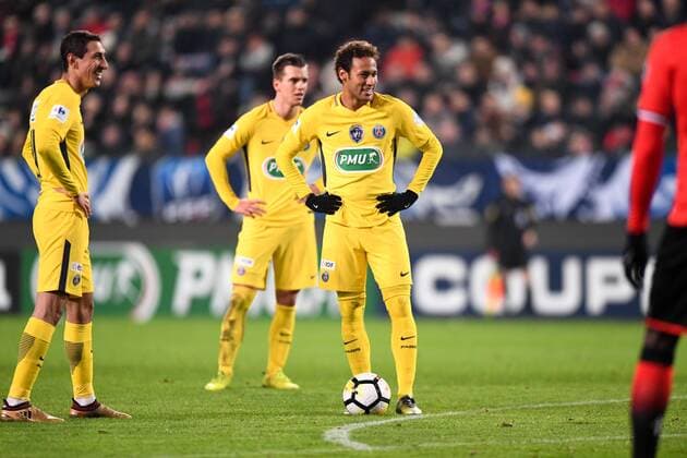Fußball, Coupe de France, Stade Rennes - Paris St. Germain 10 NEYMAR JR (psg) - 11 ANGEL DI MARIA (psg) - JOIE FOOTBALL : Rennes vs Paris SG - Coupe de France - 07 01 2018 AnthonyBIBARD FEP Panoramic 