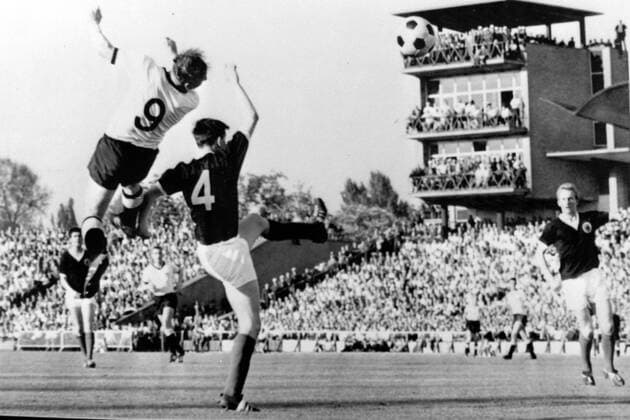 INTERNATIONAL FOOTBALL SCOTLAND V GERMANY - UWE SEELER AND GREIG IN ACTION IN HANNOVER ; 12 MAY 1964, Copyright: Topfoto  UnitedArchivesIPU476766