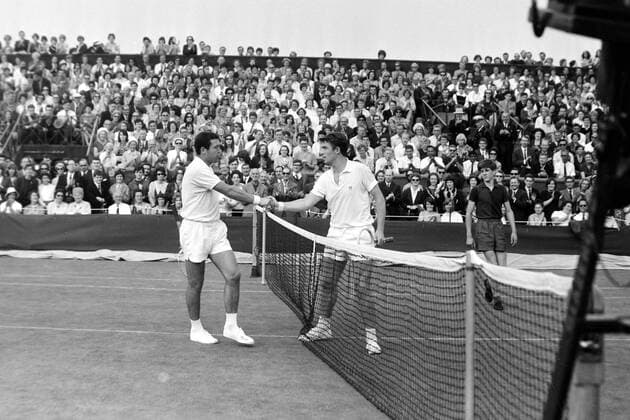 PIERRE BARTHES AND NICOLA PIETRANGELI - TENNIS PLAYERS IN ACTION AT LAWN TENNIS CHAMPIONSHIPS AT WIMBLEDON IN LONDON ; 24 JUNE 1964, Copyright: Topfoto  UnitedArchivesIPU479555