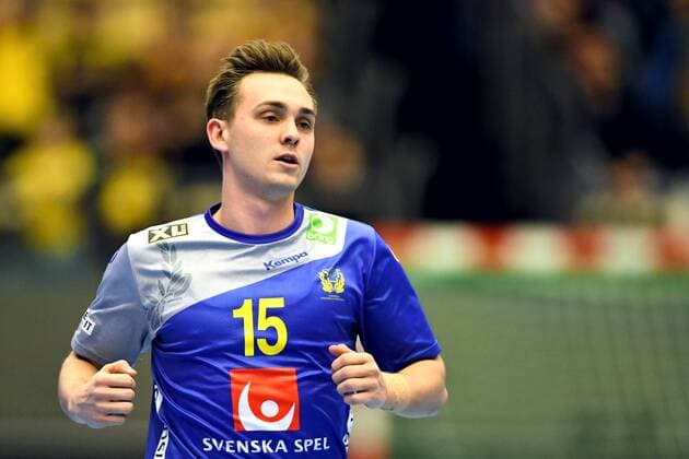 180108 Sveriges Hampus Wanne jublar under träningslandskampen i handboll mellan Sverige och Ungern den 8 januari 2018 i Partille. Copyright: CARLxSANDIN BB180108CS033