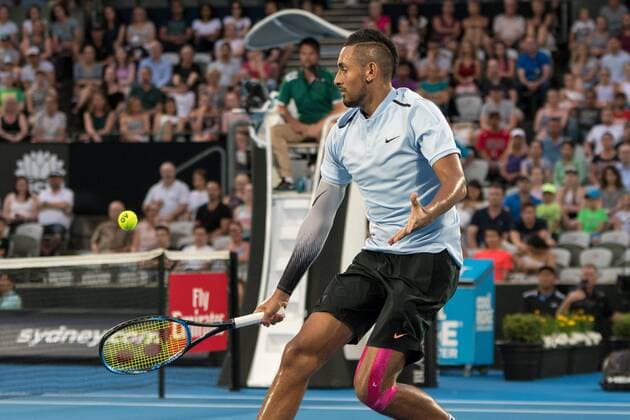 SYDNEY, NSW - JANUARY 8: Nick Kyrgios (AUS) hits a drop shot at the FAST4 Tennis Showdown game between Alexander Zverev (GER) and Nick Kyrgios (AUS) on Ken Rosewall Arena at The Sydney Tennis Centre in Sydney on January 08, 2018. (Photo by Steven Markham Icon Sportswire) TENNIS: JAN 08 The FAST4 Tennis Tournament Showdown Icon18010800984 EDITORIAL USE ONLY