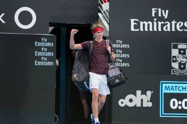 SYDNEY, NSW - JANUARY 8: Alexander Zverev (GER) is introduced at the FAST4 Tennis Showdown game between Alexander Zverev (GER) and Nick Kyrgios (AUS) on Ken Rosewall Arena at The Sydney Tennis Centre in Sydney on January 08, 2018. (Photo by Steven Markham Icon Sportswire) TENNIS: JAN 08 The FAST4 Tennis Tournament Showdown Icon18010800914 EDITORIAL USE ONLY