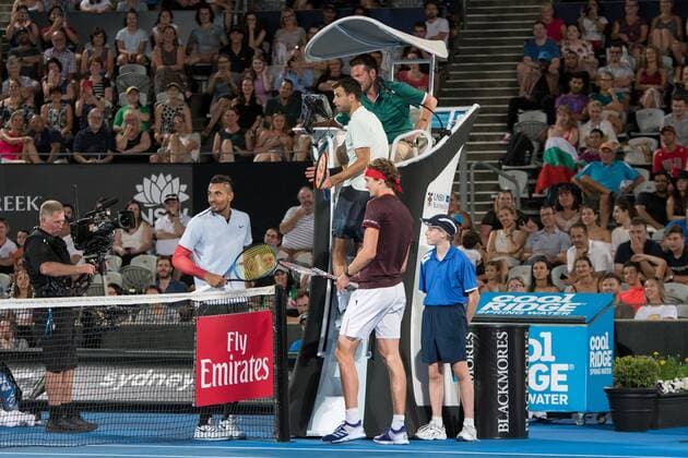 SYDNEY, NSW - JANUARY 8: All the players question a call at the FAST4 Tennis Showdown doubles game between Grigor Dimitrov (BUL) and Alexander Zverev (GER) versus Lleyton Hewitt (AUS) and Nick Kyrgios (AUS) on Ken Rosewall Arena at The Sydney Tennis Centre in Sydney on January 08, 2018. (Photo by Steven Markham Icon Sportswire) TENNIS: JAN 08 The FAST4 Tennis Tournament Showdown Icon18010801374 EDITORIAL USE ONLY