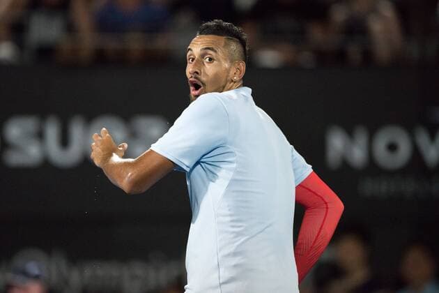 SYDNEY, NSW - JANUARY 8: Nick Kyrgios (AUS) runs back for a ball at the FAST4 Tennis Showdown doubles game between Grigor Dimitrov (BUL) and Alexander Zverev (GER) versus Lleyton Hewitt (AUS) and Nick Kyrgios (AUS) on Ken Rosewall Arena at The Sydney Tennis Centre in Sydney on January 08, 2018. (Photo by Steven Markham Icon Sportswire) TENNIS: JAN 08 The FAST4 Tennis Tournament Showdown Icon18010801404 EDITORIAL USE ONLY