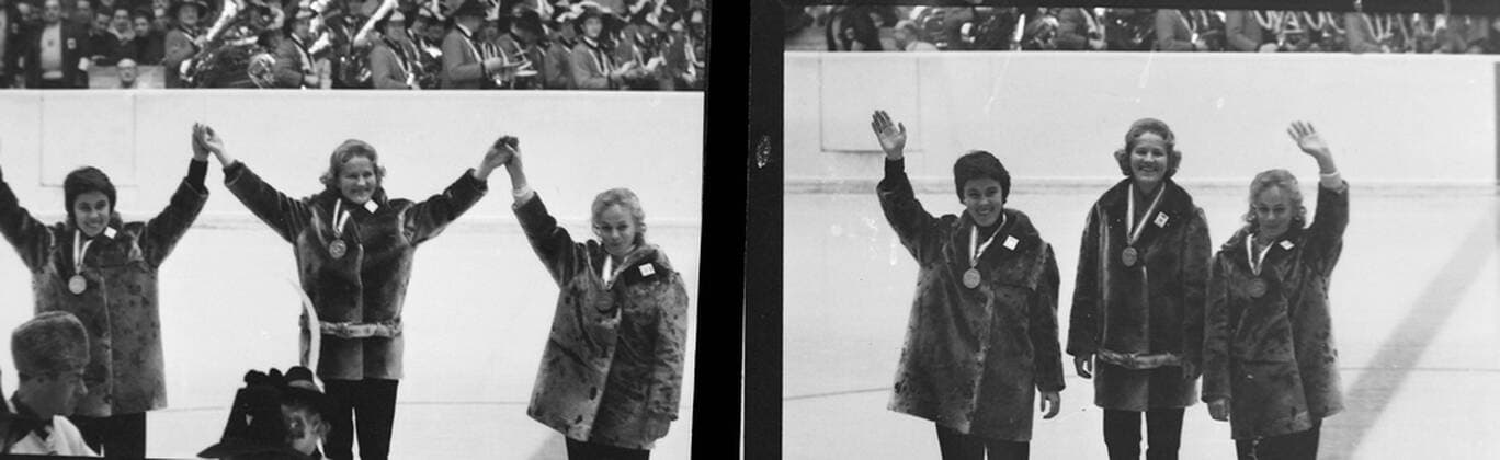 WINTER OLYMPICS IN INNSBRUCK, AUSTRIA - LADIES Speed skating Eisschnelllauf ON PODIUM IRINA YEGOROVA, LIDIA SKOBLIKOVA AND TATYANA SIDOROVA ; 31 JANUARY 1964, Copyright: Topfoto  UnitedArchivesIPU470818