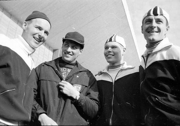 WINTER OLYMPICS GAMES IN INNSBRUCK, AUSTRIA - PRINCE HARALD WITH KNUT JOHANSSON, FRED ANTON MAIER AND PER IVAR MOE ; 6 FEBRUARY 1964, Copyright: Topfoto  UnitedArchivesIPU471120