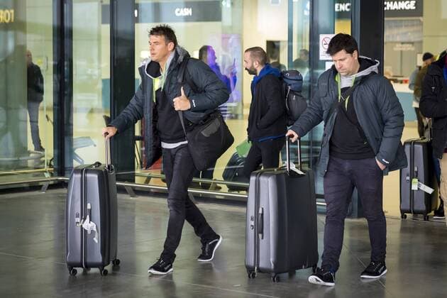 Christian Prokop und Alexander Haase bei der Ankunft. Ankunft der deutschen Mannschaft in Zagreb, Handball, EHF Euro 2018, 11.01.18 Zagreb Croatia Copyright: xAgentur54Gradx xFelixxKoenigx
