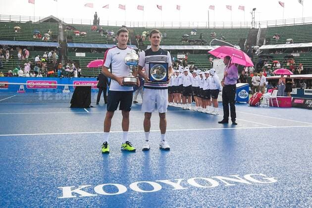 12th January 2018, Kooyong Lawn Tennis Club, Kooyong, Melbourne, Australia; Priceline Pharmacy Kooyong Classic tennis tournament; Pablo Carreno Busta of Spain and Matt Ebden of Australia pose with their trophies following the Kooyong Classic final  ActionPlus11970971