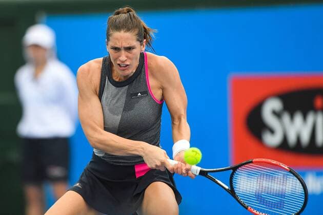 12th January 2018, Kooyong Lawn Tennis Club, Kooyong, Melbourne, Australia; Priceline Pharmacy Kooyong Classic tennis tournament; Andrea Petkovic of Germany returns the ball to Belinda Bencic of Switzerland during the Women s Kooyong Classic final  ActionPlus11971016