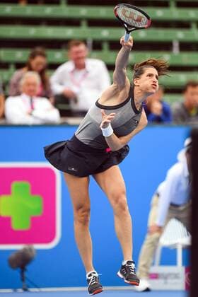 12th January 2018, Kooyong Lawn Tennis Club, Kooyong, Melbourne, Australia; Priceline Pharmacy Kooyong Classic tennis tournament; Andrea Petkovic of Germany serves against Belinda Bencic of Switzerland during the Women s final of the Kooyong Classic  ActionPlus11971019