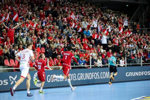 HANDBALL - EHF EURO 2018, BLR vs AUT POREC,CROATIA,12.JAN.18 - HANDBALL - EHF European Championship EM Europameisterschaft group stage, Belarus vs Austria. Image shows the rejoicing of Janko Bozovic (AUT). GEPAxpictures xMaticxKlansek