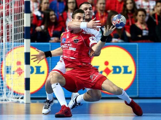 12.01.2018., Croatia, Zatika Sports Hall, Porec - European Handball Championship, Group B, 1st Round, Belarus - Austria. Lukas Herburger, Artsem Karalek.  IgorxKralj PIXSELL
