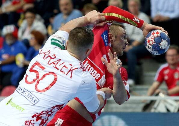 12.01.2018., Croatia, Zatika Sports Hall, Porec - European Handball Championship, Group B, 1st Round, Belarus - Austria. Artsem Karalek, Vytautas Ziura.  IgorxKralj PIXSELL