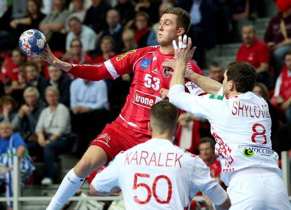 12.01.2018., Croatia, Zatika Sports Hall, Porec - European Handball Championship, Group B, 1st Round, Belarus - Austria. Mykola Bilyk, Siarhei Shylovich.  IgorxKralj PIXSELL