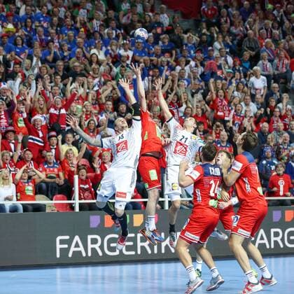 HANDBALL - EHF EURO 2018, FRA vs NOR POREC,CROATIA,12.JAN.18 - HANDBALL - EHF European Championship EM Europameisterschaft group stage, France vs Norway. Image shows Valentin Porte (FRA) and Michael Guigou (FRA). GEPAxpictures xMaticxKlansek