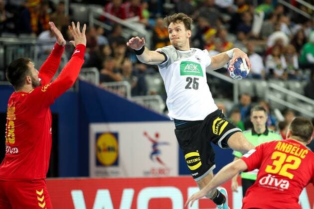 HANDBALL - EHF EURO 2018, GER vs MNE ZAGREB,CROATIA,13.JAN.18 - HANDBALL - EHF European Championship EM Europameisterschaft group stage, Germany vs Montenegro. Image shows Nebojsa Simovic (MNE) and Kai Hafner (GER). GEPAxpictures xMaticxKlansek