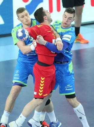 European Handball Championship, Group C, 1st round, Macedonia - Slovenia 13.01.2018., Croatia, Arena Zagreb, Zagreb - European Handball Championship, Group C, 1st round, Macedonia - Slovenia. BLAGOTINSEK Blaz , Mirkulovski Filip SanjinxStrukic PIXSELL