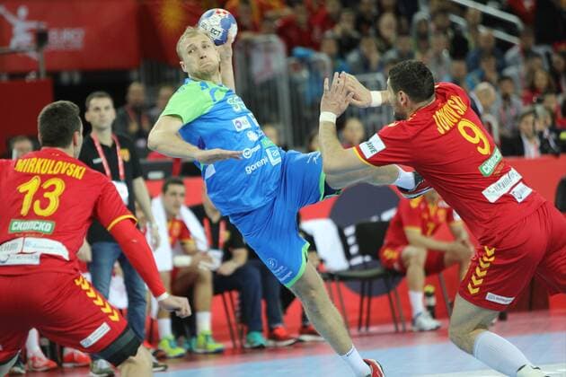 Zagreb, 13 01 2018 - Arena Zagreb hall, 2018 Men s European Championship EM Europameisterschaft Preliminary Round, Group C. Macedonia (red) - Slovenia (blue) 