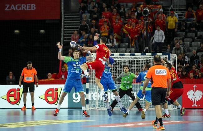 HANDBALL - EHF EURO 2018, MKD vs SLO ZAGREB,CROATIA,13.JAN.18 - HANDBALL - EHF European Championship EM Europameisterschaft group stage, Macedonia vs Slovenia. Image shows Blaz Blagotinsek (SLO) and Kiril Lazarov (MKD). GEPAxpictures xMaticxKlansek