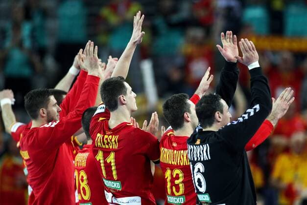 HANDBALL - EHF EURO 2018, MKD vs SLO ZAGREB,CROATIA,13.JAN.18 - HANDBALL - EHF European Championship EM Europameisterschaft group stage, Macedonia vs Slovenia. Image shows the rejoicing of Macedonia athletes. GEPAxpictures xMaticxKlansek