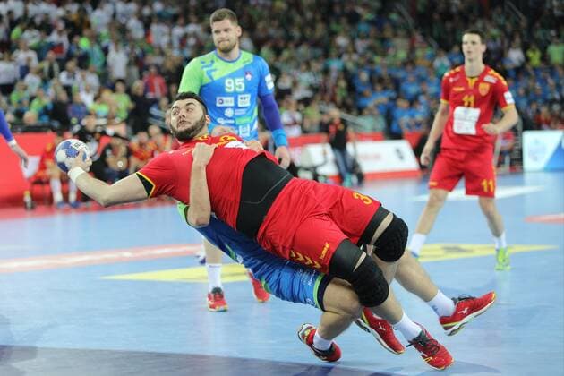 Zagreb, 13 01 2018 - Arena Zagreb hall, 2018 Men s European Championship EM Europameisterschaft Preliminary Round, Group C. Macedonia (red) - Slovenia (blue) 