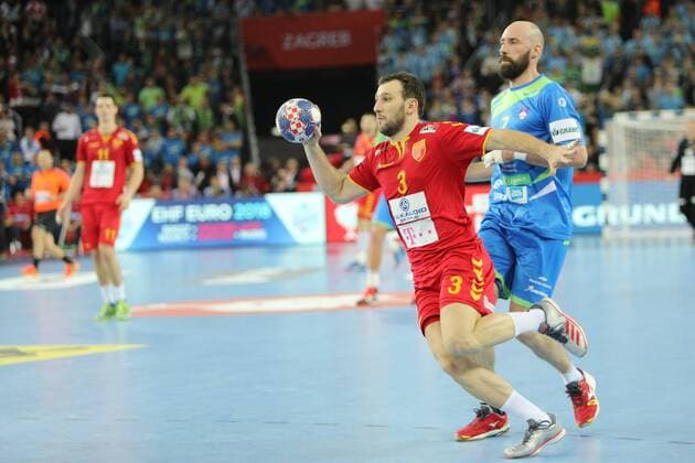 Zagreb, 13 01 2018 - Arena Zagreb hall, 2018 Men s European Championship EM Europameisterschaft Preliminary Round, Group C. Macedonia (red) - Slovenia (blue) 