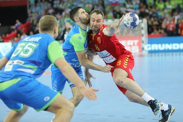 Zagreb, 13 01 2018 - Arena Zagreb hall, 2018 Men s European Championship EM Europameisterschaft Preliminary Round, Group C. Macedonia (red) - Slovenia (blue) 