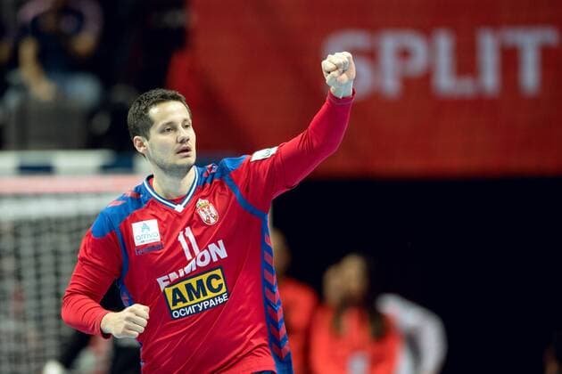 180114 Serbiens Bojan Beljanski jublar under handbollsmatchen mellan Serbien och Sverige under Handbolls-EM 2018 den 14 januari 2018 i Split. Copyright: LUDVIGxTHUNMAN BB180114LT011