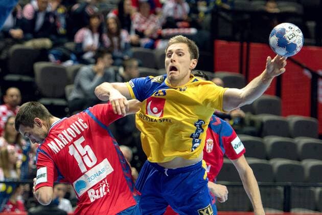 180114 Sveriges Albin Lagergren under handbollsmatchen mellan Serbien och Sverige under Handbolls-EM 2018 den 14 januari 2018 i Split. Copyright: LUDVIGxTHUNMAN BB180114LT014