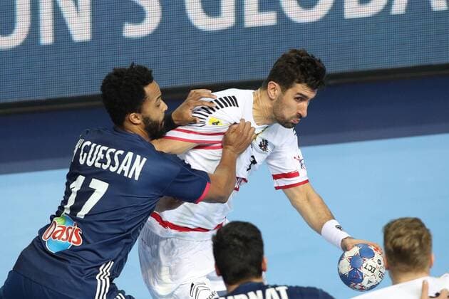 HANDBALL - EHF EURO 2018, AUT vs FRA POREC,CROATIA,14.JAN.18 - HANDBALL - EHF European Championship EM Europameisterschaft group stage, Austria vs France. Image shows Timothey N Guessan (FRA) and Janko Bozovic (AUT). GEPAxpictures xMaticxKlansek
