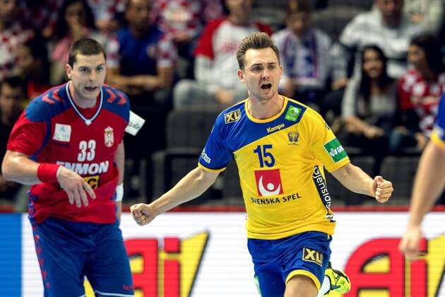 180114 Sveriges Hampus Wanne jublar under handbollsmatchen mellan Serbien och Sverige under Handbolls-EM 2018 den 14 januari 2018 i Split. Copyright: LUDVIGxTHUNMAN BB180114LT053