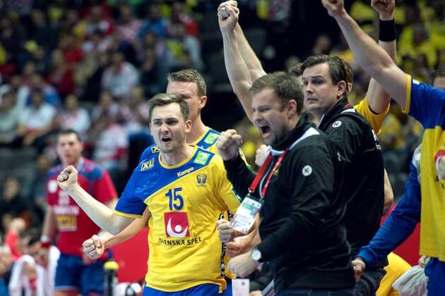 180114 Sveriges Hampus Wanne jublar under handbollsmatchen mellan Serbien och Sverige under Handbolls-EM 2018 den 14 januari 2018 i Split. Copyright: LUDVIGxTHUNMAN BB180114LT065