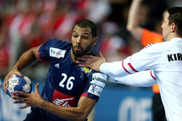 (180115) -- POREC, Jan. 15, 2018 -- Nicolas Claire (L) of France competes during the second round of EHF Euro 2018 handball match between Austria and France in Porec, Croatia, on Jan. 14, 2018. France won 33-26. ) (SP)CROATIA-POREC-HANDBALL IgorxKralj 