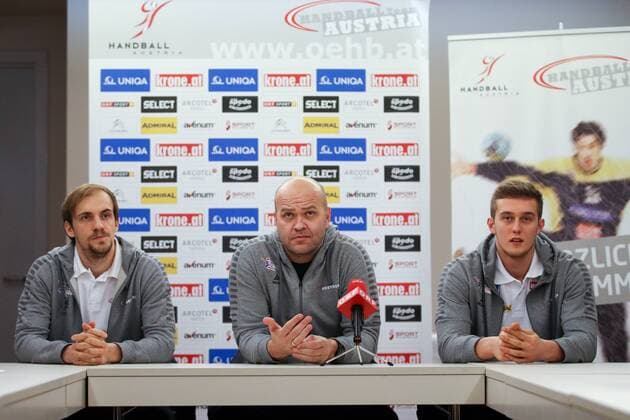 HANDBALL - EHF EURO 2018, press conference PK Pressekonferenz team Austria POREC,CROATIA,15.JAN.18 - HANDBALL - EHF European Championship EM Europameisterschaft group stage, Press conference team Austria. Image shows Gerald Zeiner (AUT), head coach Patrekur Johannesson (AUT) and Mykola Bilyk (AUT). GEPAxpictures xMaticxKlansek