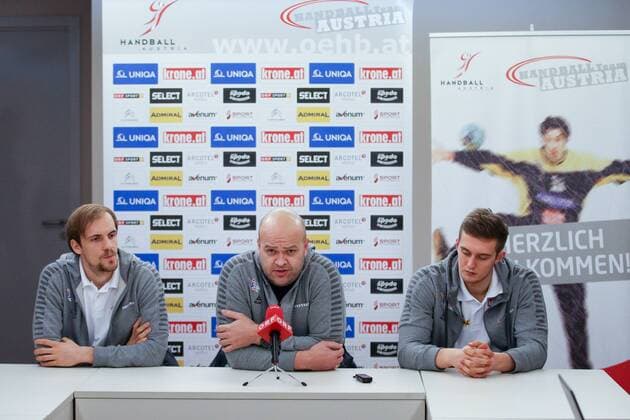 HANDBALL - EHF EURO 2018, press conference PK Pressekonferenz team Austria POREC,CROATIA,15.JAN.18 - HANDBALL - EHF European Championship EM Europameisterschaft group stage, Press conference team Austria. Image shows Gerald Zeiner (AUT), head coach Patrekur Johannesson (AUT) and Mykola Bilyk (AUT). GEPAxpictures xMaticxKlansek