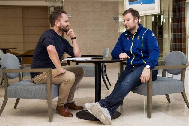 180115 Sveriges förbundskapten Kristj?n Andresson intervjuas under en pressträff med det svenska landslaget i handboll under Handbolls-EM 2018 den 15 januari 2018 i Split. Copyright: LUDVIGxTHUNMAN BB180115LT007